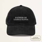 Personalized black corduroy cap embroidered with FATHER OF NAMES — front view