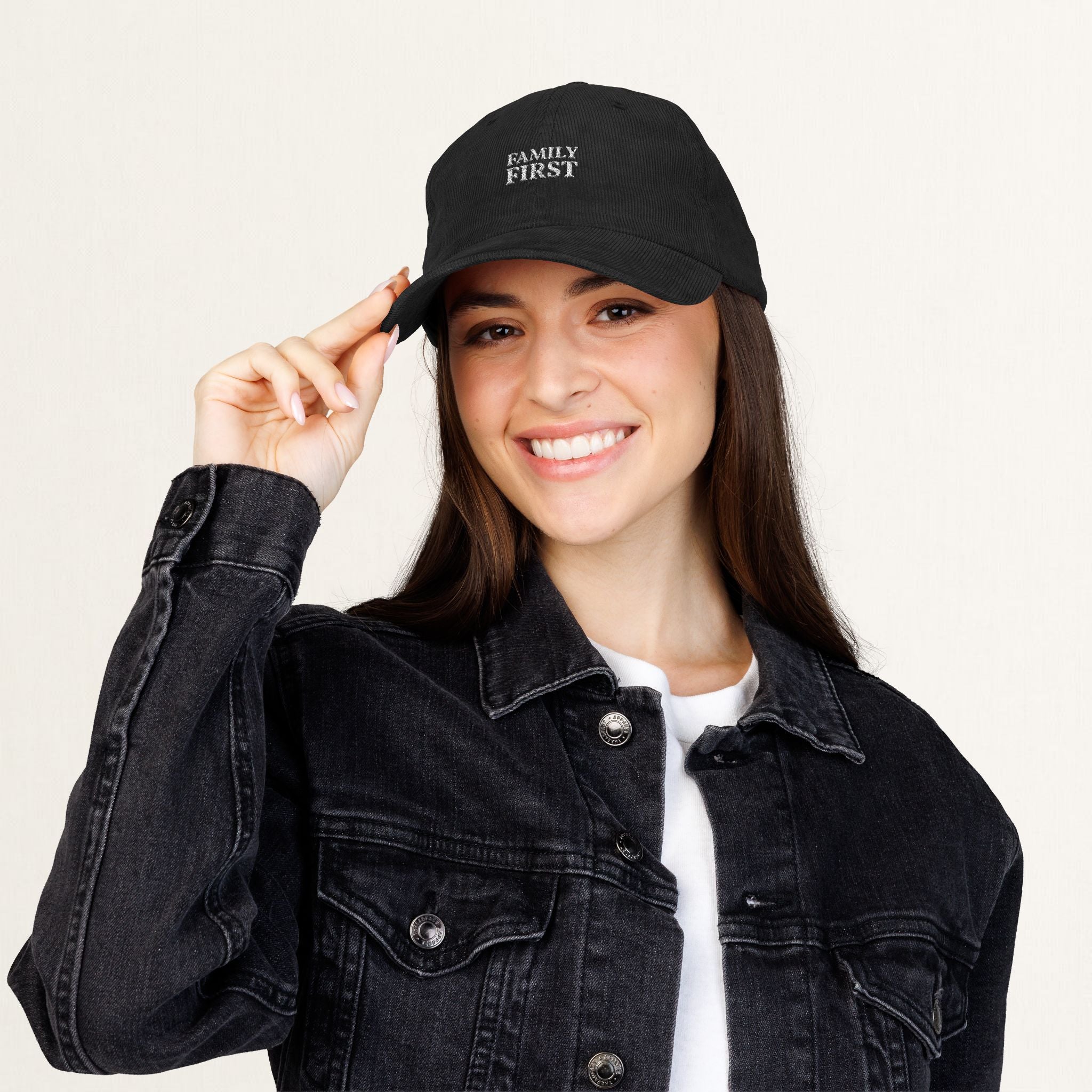 Black dad cap with FAMILY FIRST embroidery — three-quarter view