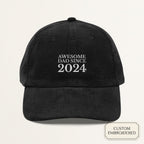 Personalized black corduroy dad cap embroidered with AWESOME DAD SINCE YEAR — front view