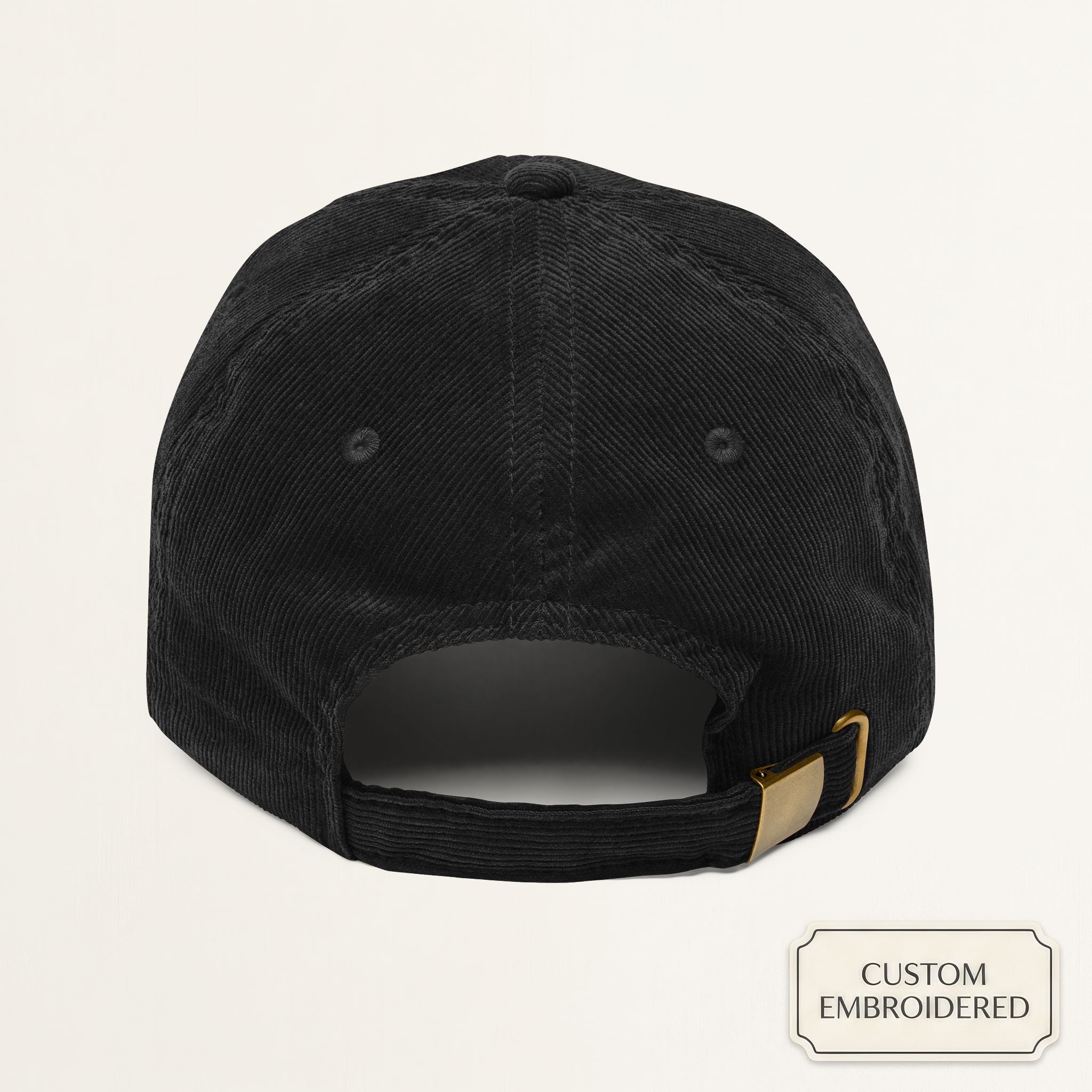 Custom DAD OF NUMBER black corduroy cap — side profile view